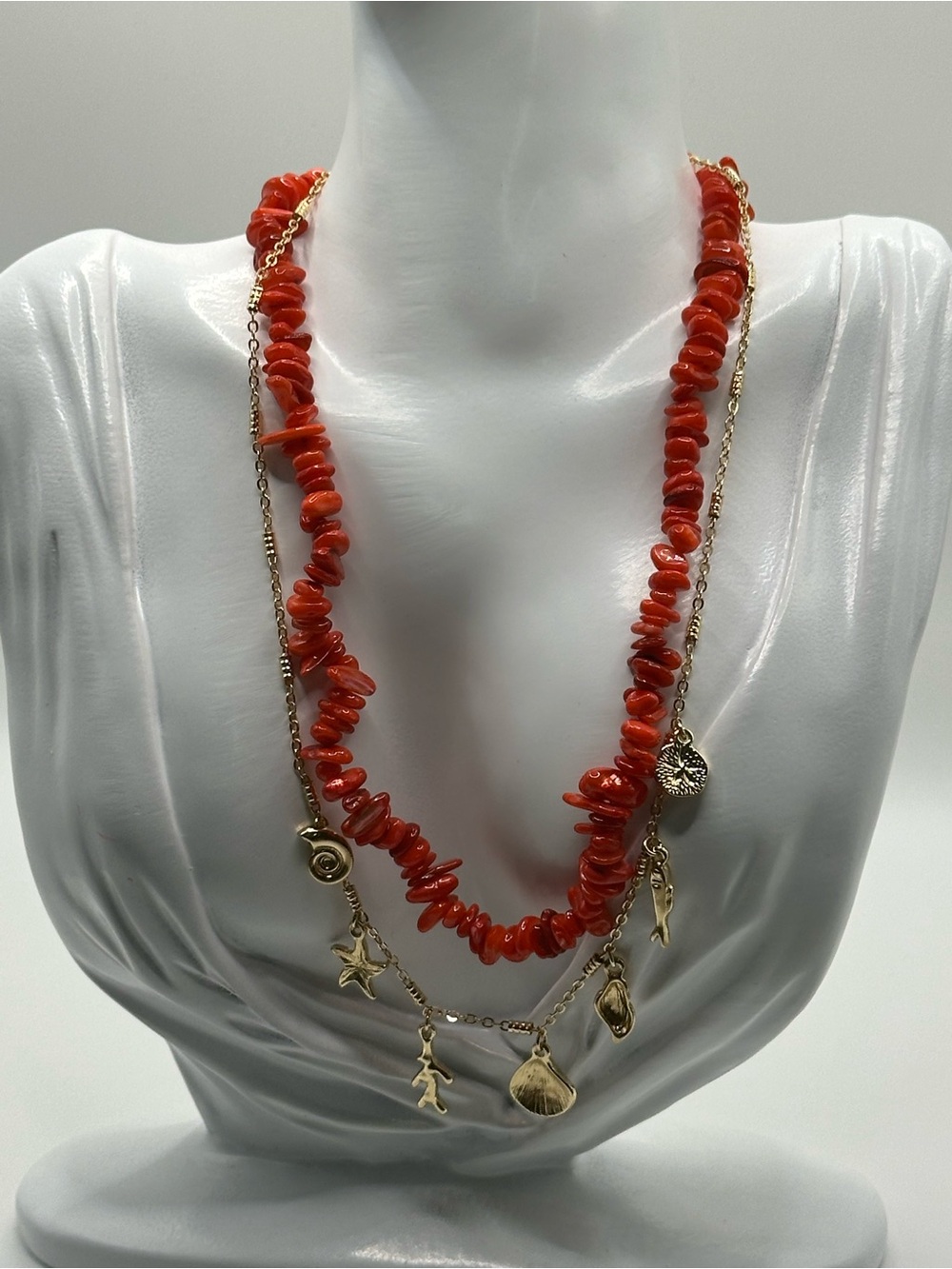 Set of 2 Gold Charm Layered Necklace with Red Coral Beads